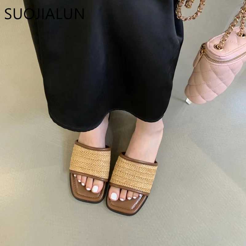 SUOJIALUN Summer New Women Slipper Fashion Square Toe Open Toe Slip On Slides Soft Flat Heel Ladies Vaction Outdoor Shoes K260312