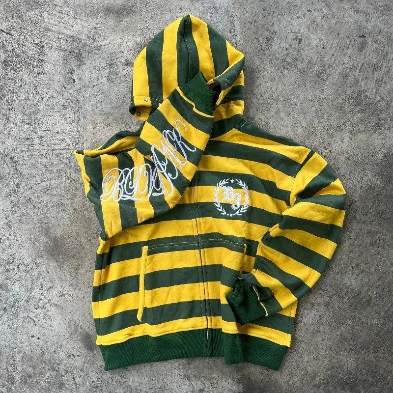 Y2K Street Kid Zip Up Hoodie Stripe Rivet Embroidery Pattern Sweatshirt Men Hip Hop Fashion Streetwear Unisex Boxy Clothing 260311