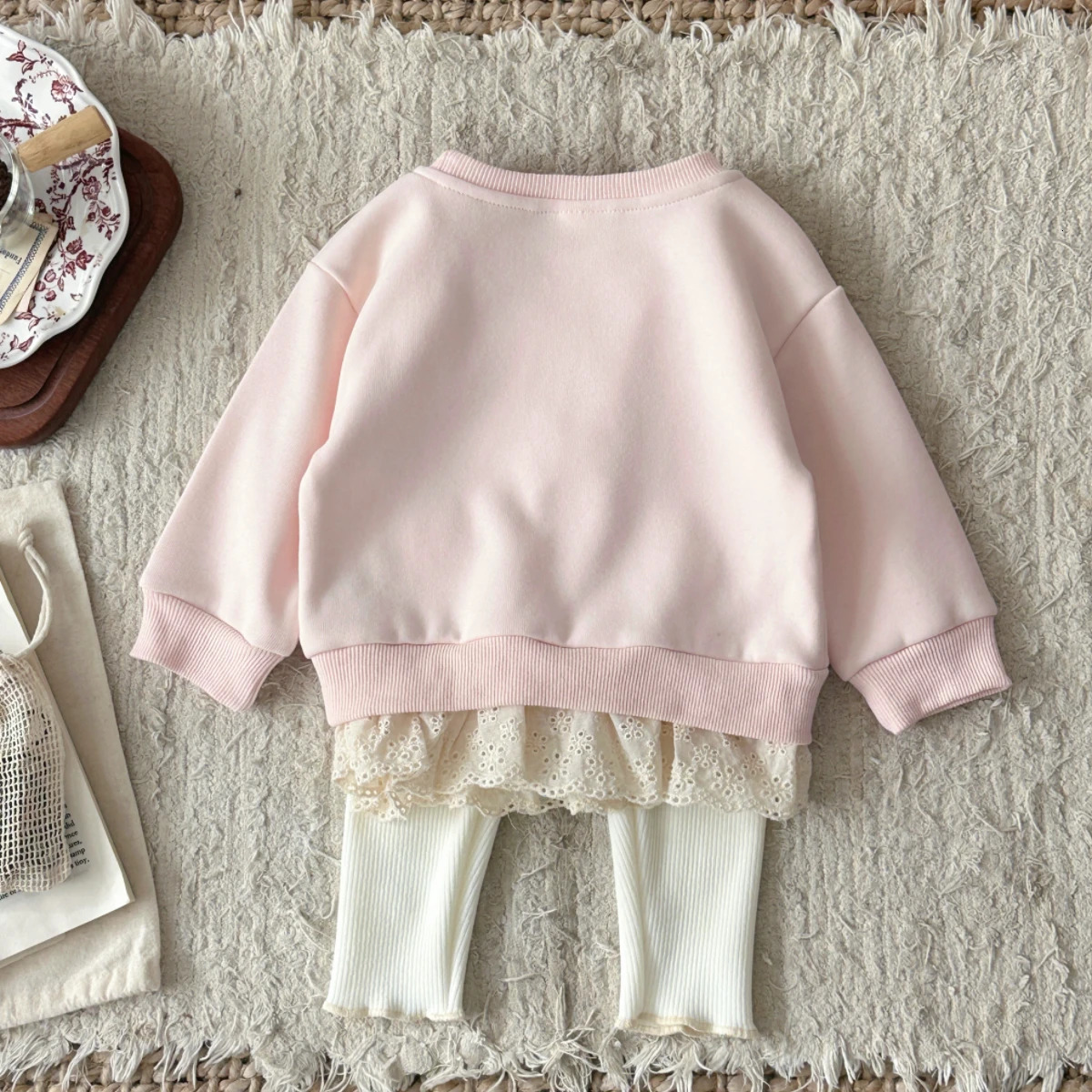 Cotton Baby Girl Clothing Bow Decoration Lace Hem Sweatshirt Elastic Waistband Pants Clothes Fall Outfits for bo 260311