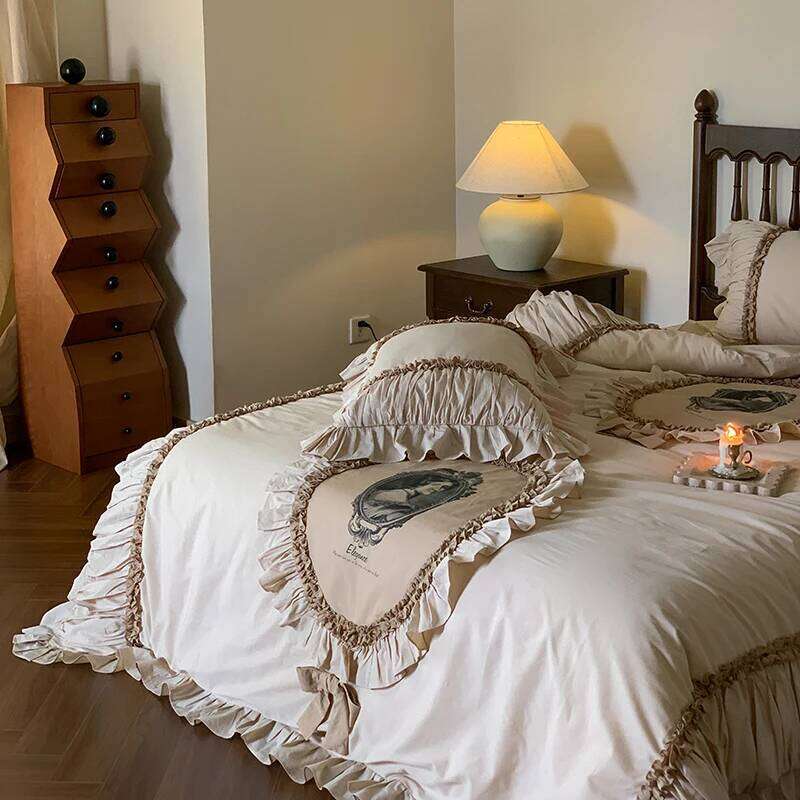 Lace Ruffles Patchwork Vintage French Bedding Set, 100% Cotton, Duvet Cover, Bed Sheet, Pillowcases, Queen, King, 4Pcs H260312
