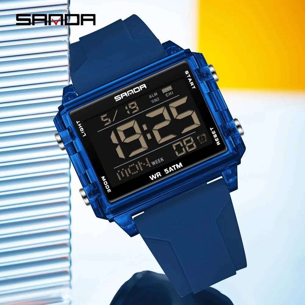 SANDA Brand 6275 Square Transparent Timing Electronic Student Alarm Clock Multifunctional Waterproof Sports Watch