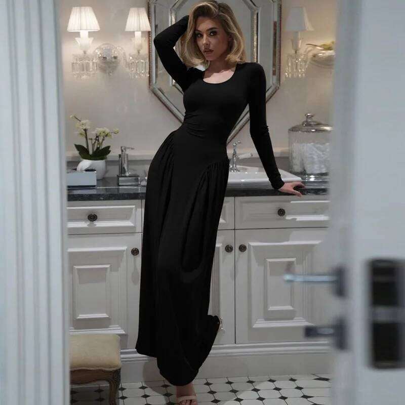 Hipster Ruched Dress Women U-NeckFull Sleeve Skinny Stretch Robe Autumn Trend Simple Classic Lace-up Pleats Long Bodycon Vestido C260312