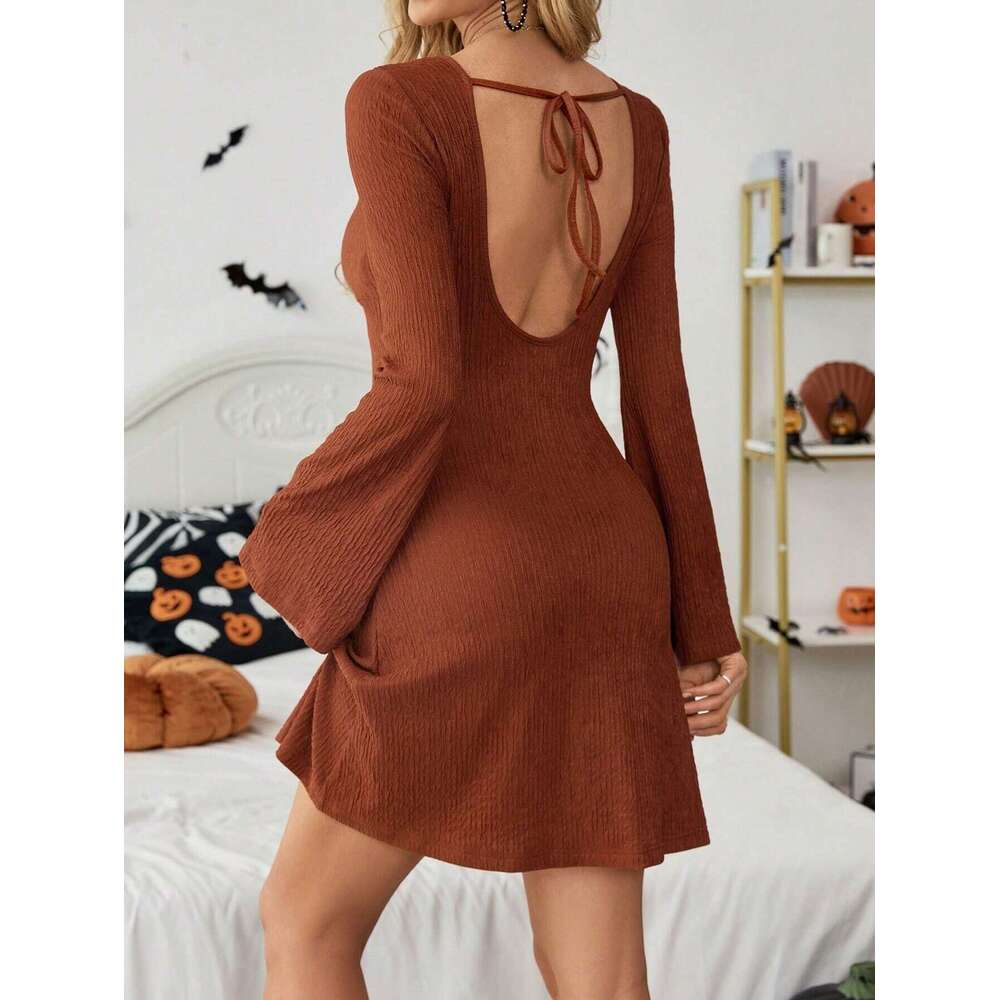 European American cross-border 2026 autumn elegant women's brown textured backless dress with bow and bell sleeves