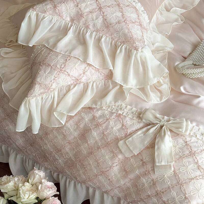 Princess Style Lace Ruffles Bow Bedding Set Lyocell Soft Silky Cool Feeling Duvet Cover Bed Sheet/Fitted Sheet Pillowcases 4Pcs H260312