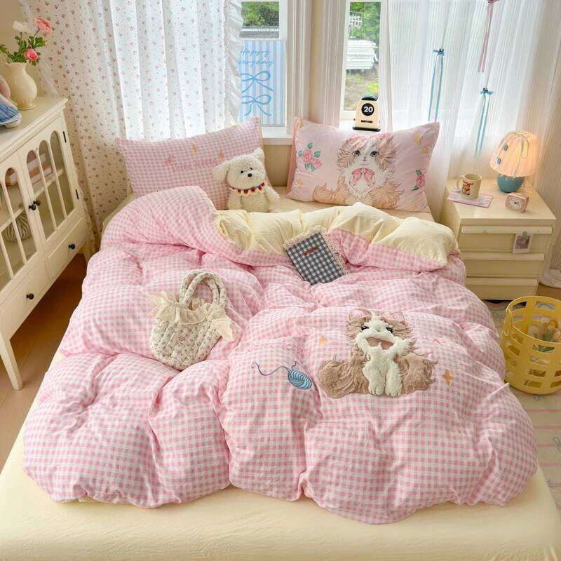Cute Pink Cartoon Cat Bow Towel Embroidery Girls Kids Bedding Set Washed Cotton Soft Duvet Covers Bed Sheet Pillowcases 3/4Pcs H260312