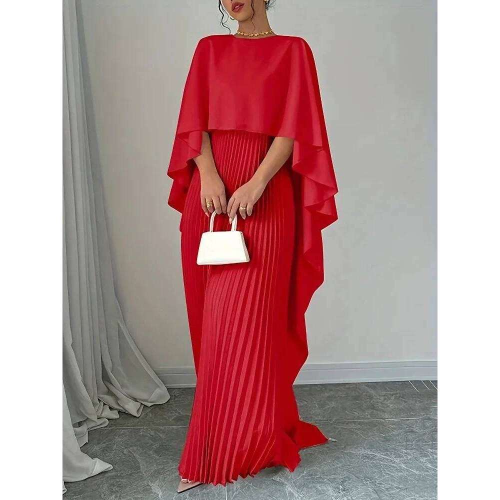 Spring Summer Elegant Crew Neck Pleated Dresses Women Casual Solid Loose Long Cloak Sleeves Ruffle Maxi Dress Vestidos C260312