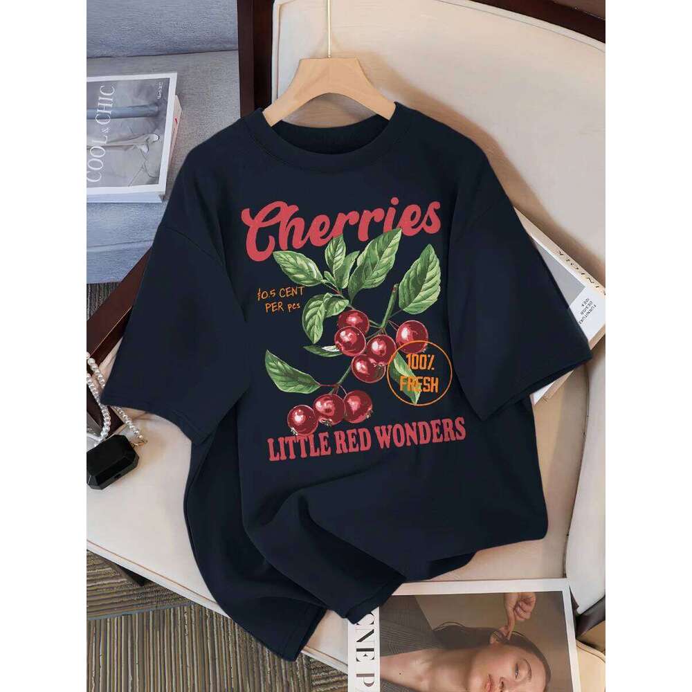 Cherries 100% Fresh Little Red Wonders Design Women T-Shirt Casual Loose T Shirts Hip Hop Cotton Sportswear Summer Soft Top Z260312