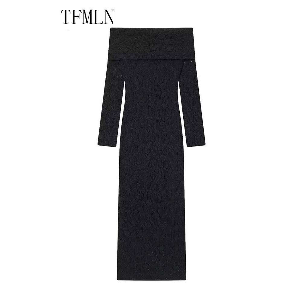 TFMLN 2025 New Women Lace Off Shoulder Elegant Ladies Full Sleeve Solid Slim Party Dress Sexy Side Zipper Long Dresses C260312