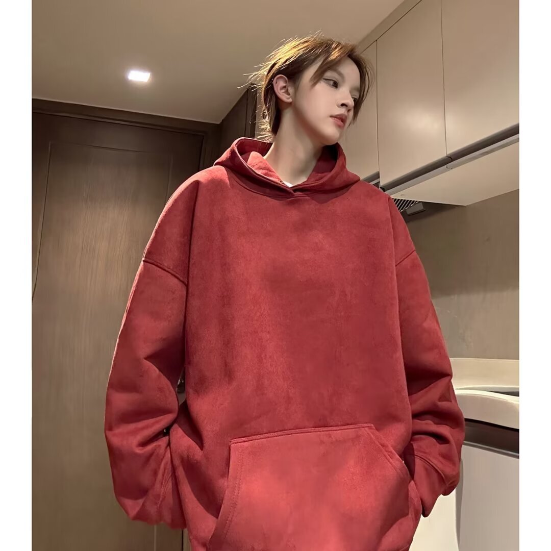 Retro Heavy-duty Dark Plum Purple Suede Hooded Sweatshirt For Men Designer Hoodie And Women Loose And Stylish Solid Color Jacket For Students In Autum