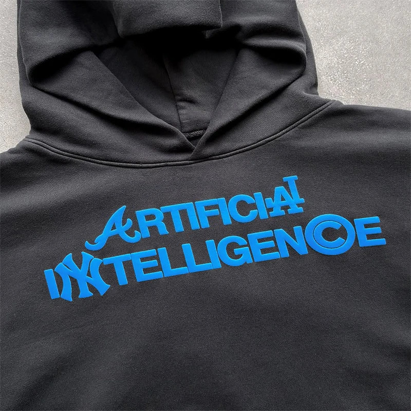 AI Artificial Intelligence Pattern Printing Oversize Black Casual Loose Pullover Hooded Y2K Men Women Trendy Hip Hop Streetwear 260311