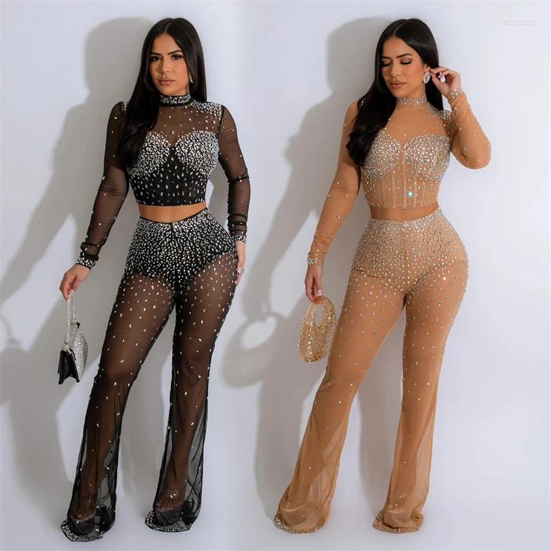 Women's Two Piece Pants Sexy Sparkly Diamond Sets Women Night Club Wear Sheer Mesh Long Sleeve Crop Top And Party Rave Festival Outfits