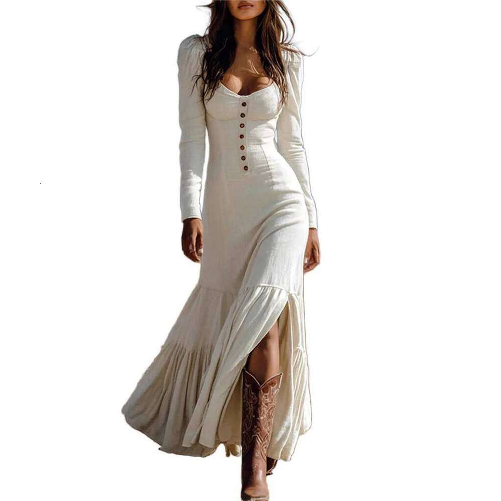 2025 Autumn Vintage U Neck Button Pleated Woman Fashion Solid Split Boho Long Sleeve Slim Maxi Dress Vestidos C260312