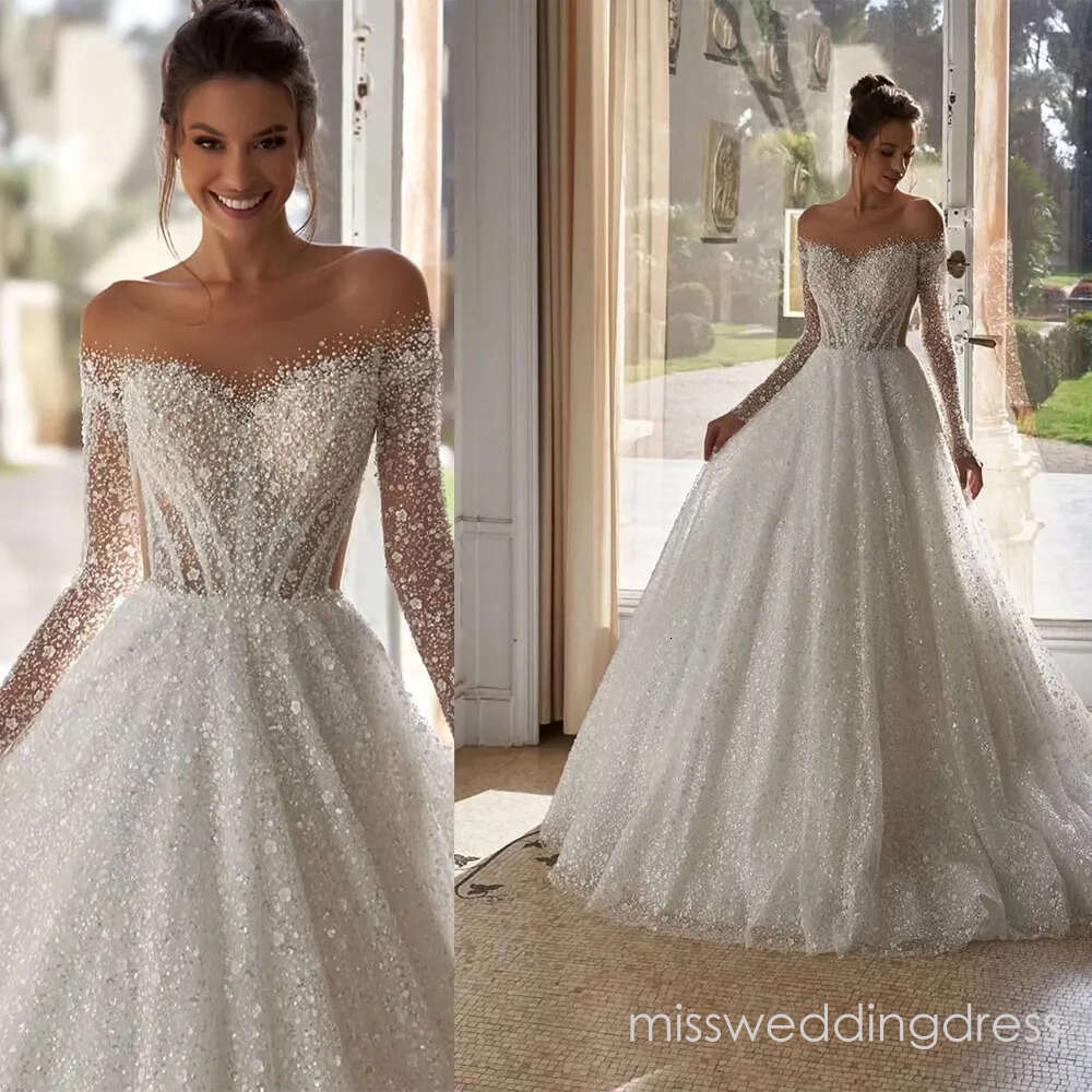 Sparkly Wedding Dresses Sequins O Neck A Line Bridal Gowns Pearls Beading Flowers Long Sleeves Customized Princess Vestidos De Novia Plus Size