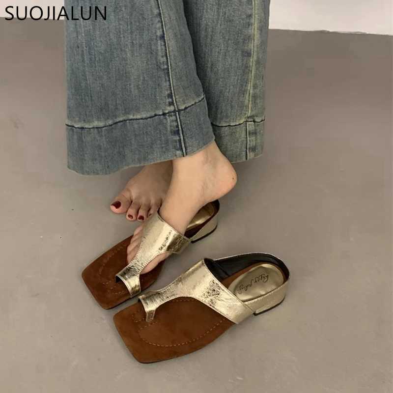 SUOJIALUN 2024 Summer New Women Slipper Fashion Gold Ladies Elegant Slides Square Low Heel Dress Casual Flip Flops Shoes K260312