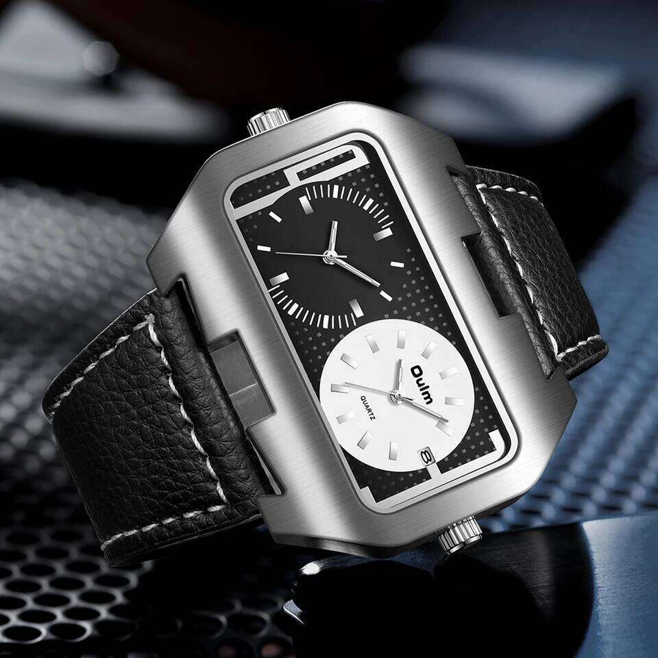 Oulm New Fashion Trend Cool Men's Night Light Calendar Function Dual Time Zone Rectangular Large Dial Quartz Watch reloj