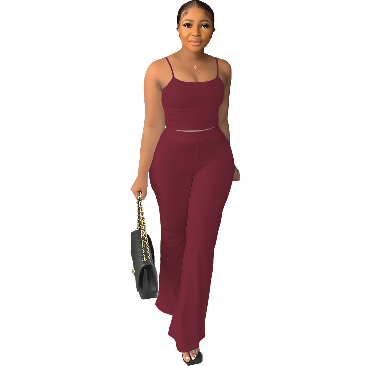 Womens Solid Color Camisole Slim Fit Bell-Bottom Pants Simple Fashion Set
