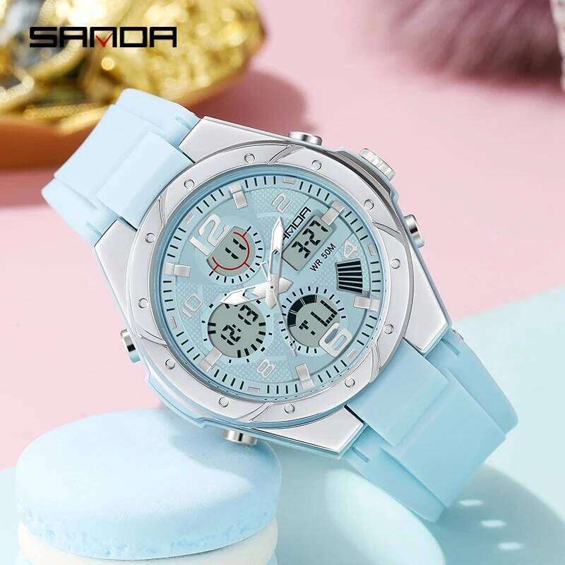 SANDA 6062 Fashion Dynamism Youth Sports Women Multifunction 50M Waterproof Quartz Watch LED Digital Casual Ms. Wristwatches-2