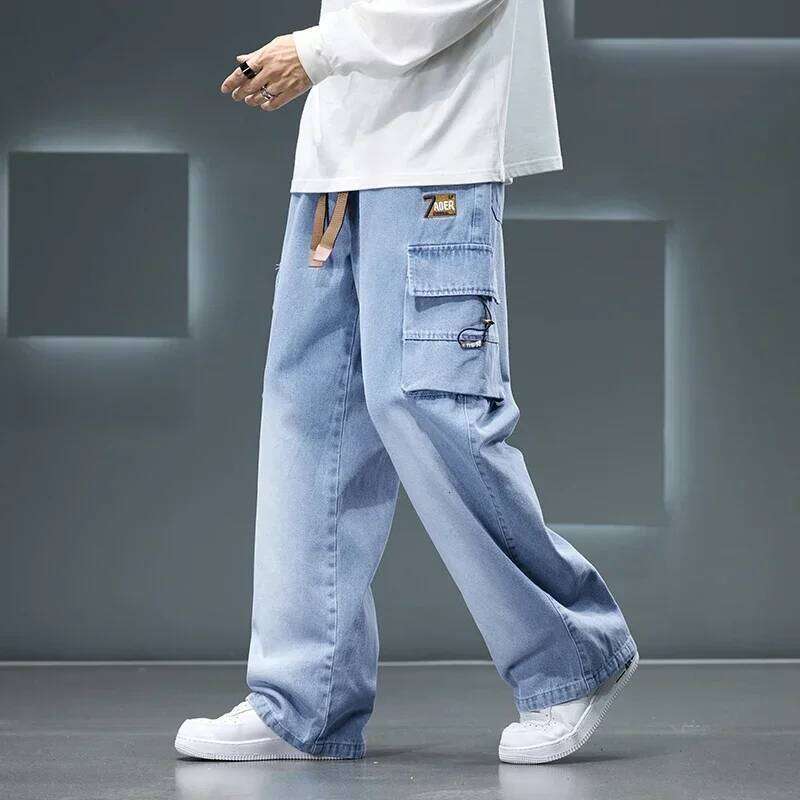8XL Jeans New Wide Leg Washing Pants Men Trousers Neutral Solid Color Loose Casual Korean Fashion Pocket Plus Size Cargo Pant 26Y0312