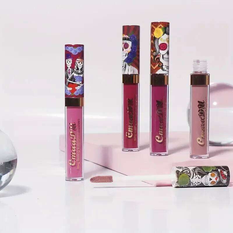 1pcs Matte Lip Gloss Long-Lasting, Waterproof, Non-Fading, for All Skin Types - Vibrant Red Shades with Floral & Skull Designs W260311