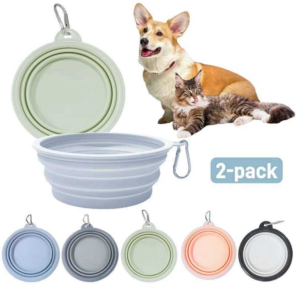 2pcs Collapsible Pet Silicone Dog Food Water Bowl Outdoor Camping Travel Portable Folding Supplies Dishes with Carabiner 26Y0312