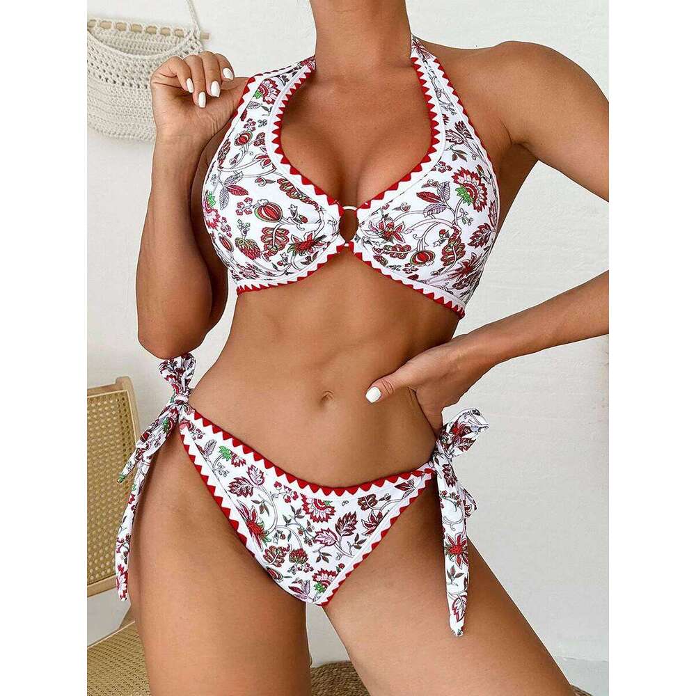 2025 Halter String Ring Link Bikini Women Printed Swimwear Female Floral Swimsuit Bathers Bathing Swimming Suit Beachwear Summer Y260303