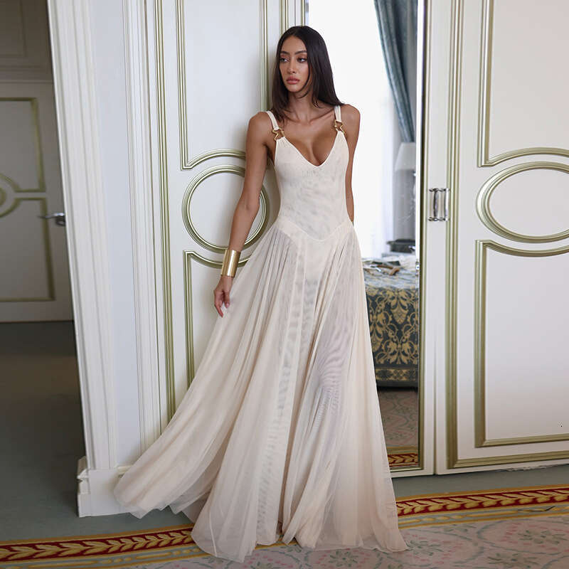 Autumn 2024 New Sexy Long Elegant Socialite Style Vacation Slim Fit Mesh A-line Dress