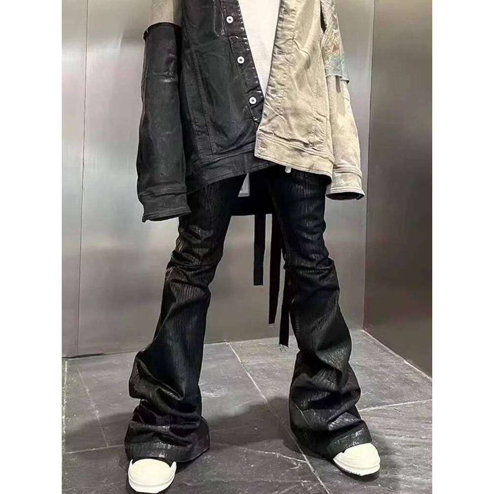 Streetwear Black Wax Leather Strecth Jeans for Men Ropa Hombre Baggy Y2k Flare Pants Oversized Straight Denim Trousers 26Y0312