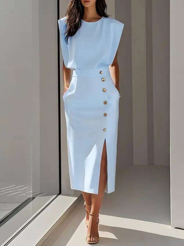 Fashion Women's Tank Elegant Single Breasted Solid Casual Trend Pockets Straight Midi Dress for Women 2025 C260311