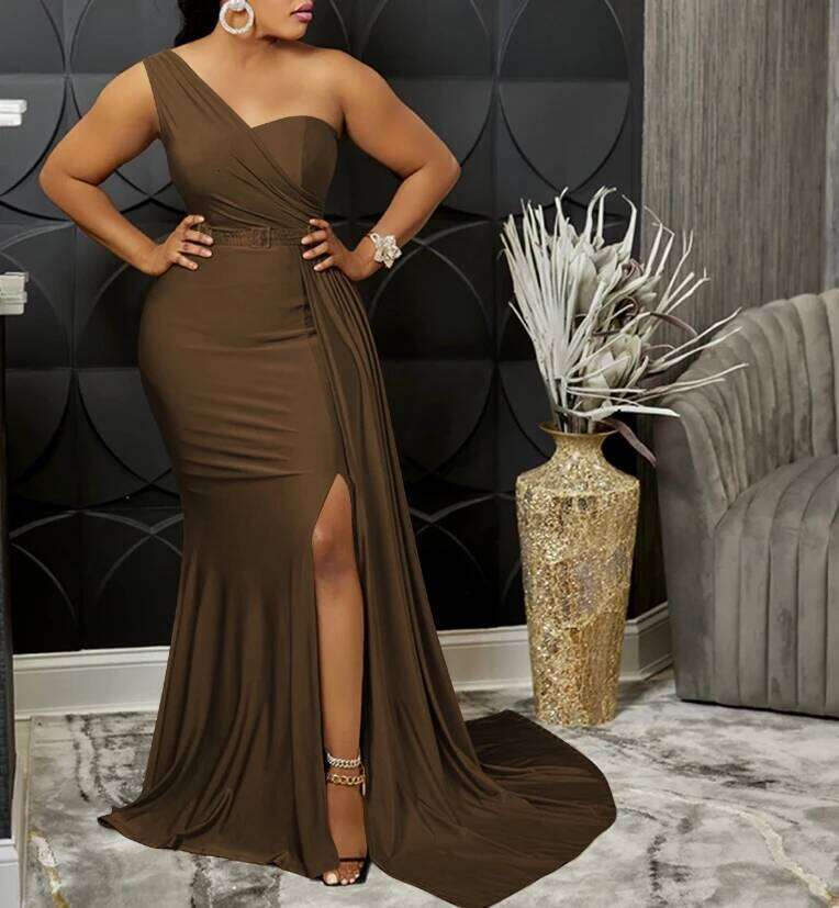 Solid Color Evening Party Tight Fitting Single Shoulder Sleeve Dress Long Skirt Women New Fashion 2025 Casual Female Clothing C260312