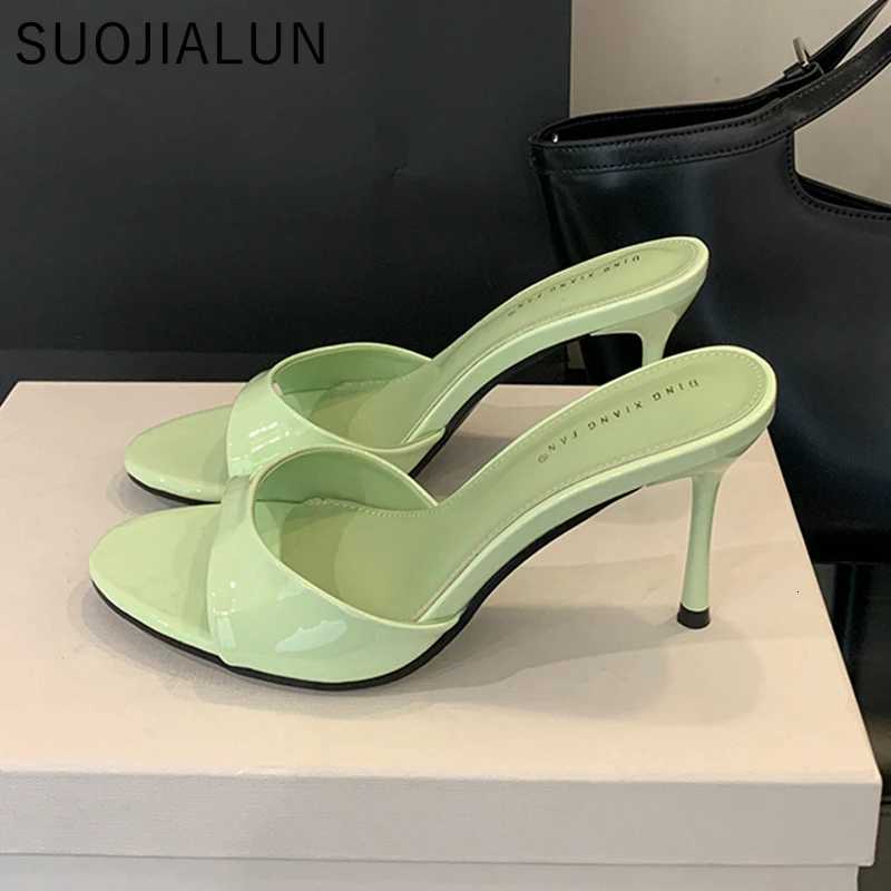 SUOJIALUN 2025 Summer New Women Slipper Fashion Open Toe Slip On Slides Ladies Elegant Thin High Heel Dress Pumps Slides K260312