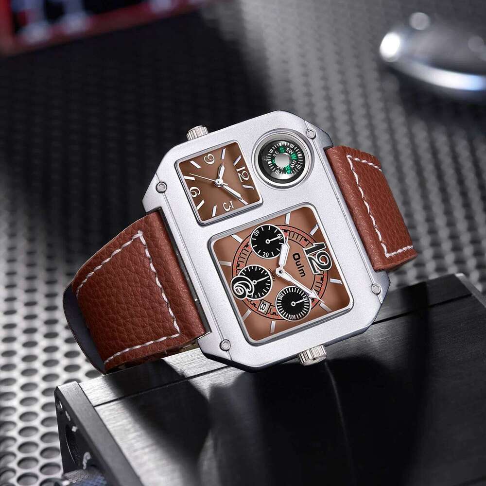 Oulm Original 9150 Two Time Zone Sport Watch Large Dial Big Size Male Quartz Clock Decorative Compass Men Military Watches