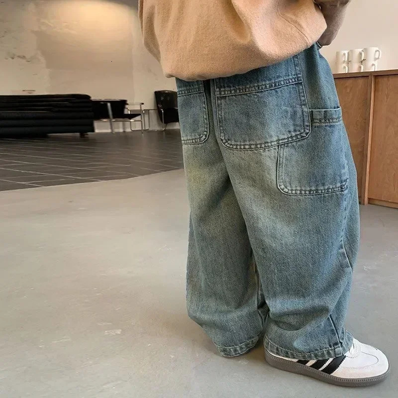 Childrens Denim Pants Spring Summer Girls Wideleg 27Year Boys Jeans Casual Big Pocket Trousers for Kids 260311