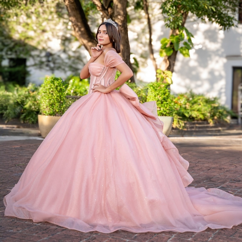 Light Pink Shiny Ball Gown Quinceanera Dresses 2026 Beading Bow Tull Corset Off Shoulder Sweet 16 Dress Vestidos De 15 Anos