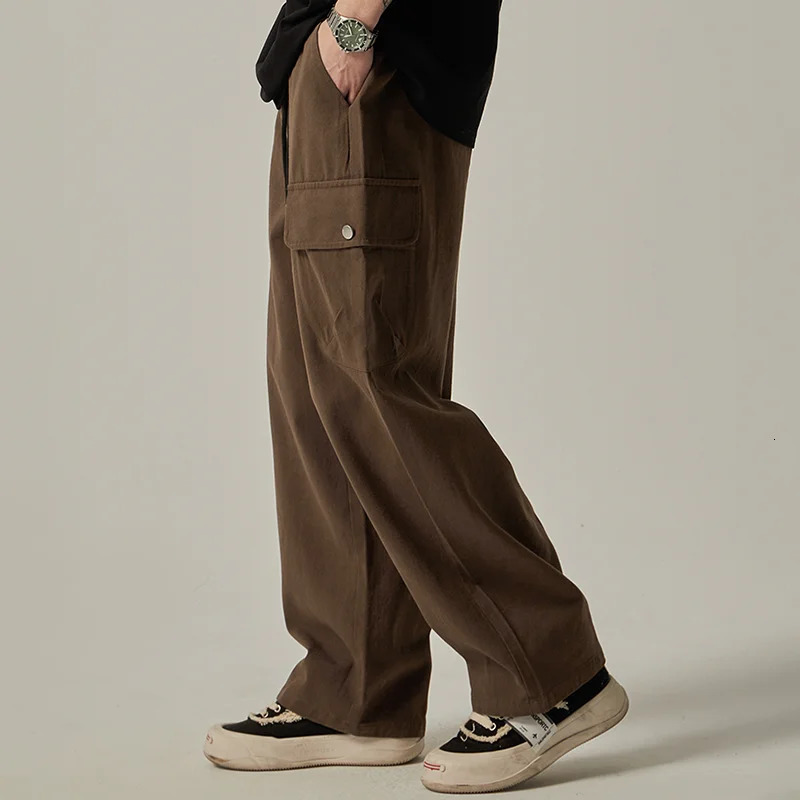 Mens Sweatpants Spring Autumn Vintage Japanese Wide Leg Straight Loose Button Big Pockets Cargo Pants Drawstring Trousers 260311