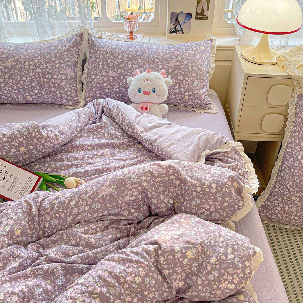 INS Princess Bedding Ruffle Lace Quilt Romantic Bedclothes Woman Girls Home Decor Duvet Cover Set Korean Style Floral H260312