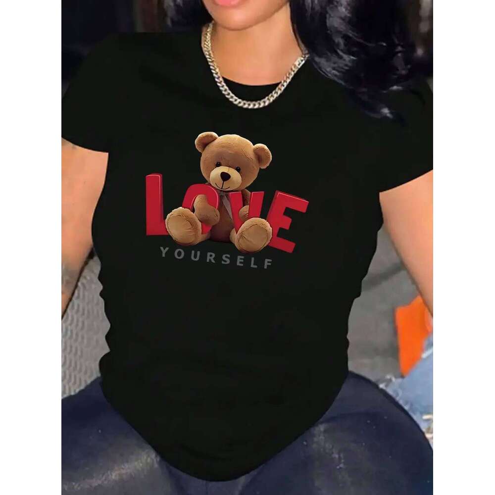 Women's Slim Fit Round Neck Graphic T-Shirt Multicolor Teddy Bear 'I Love Myself' Casual Top Z260312