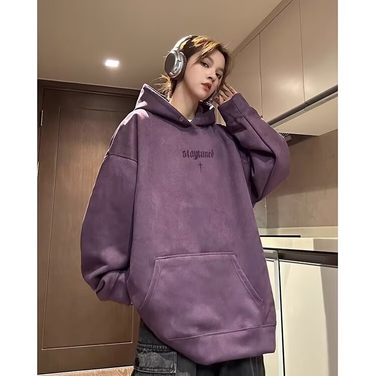 Men's Suede Letter Print Hoodie Autumn And High Street Designer Hoodie Vibe Trendy Brand Stylish And Loose-fitting Heavy-duty Clothing