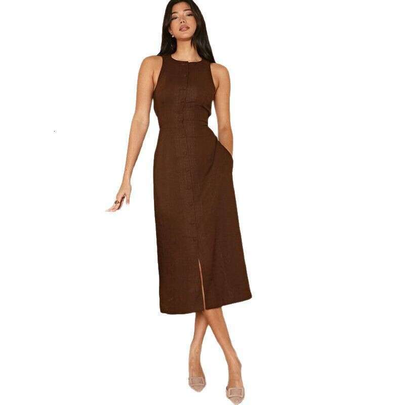 2025 Spring European and American Cross-Border Trade New Solid Color Sleeveless Round Neck Multi-Button Tie Casual Dress