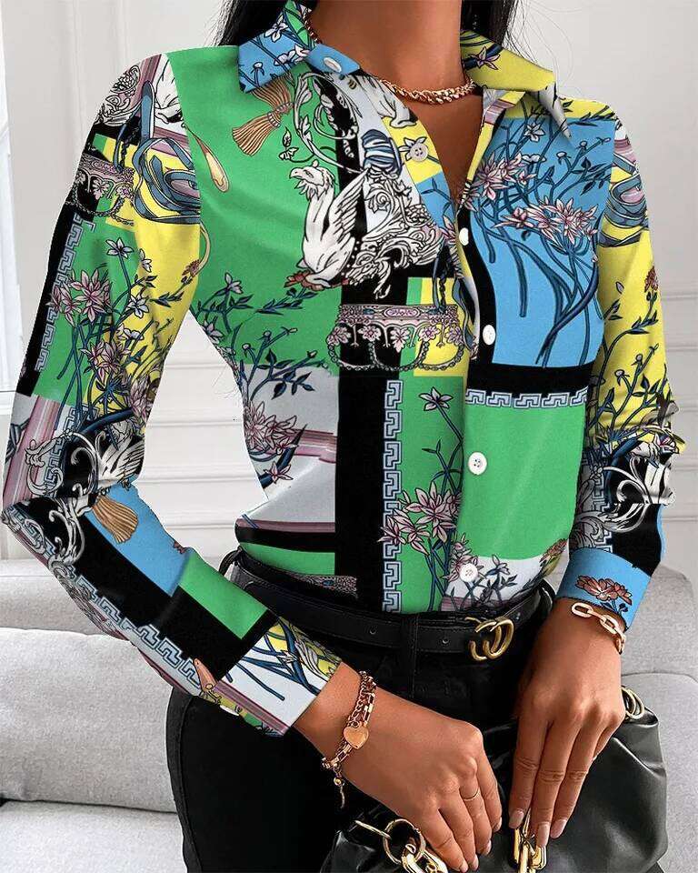 2026 New Women Fashion Wild Shirts Chain/Floral/Letter/Geometric Square Print Turn-Down Collar Long Sleeve Blouses
