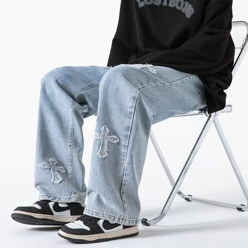 Luxury Brand Designer Clothes Cross Jeans Men Spring Autumn American Retro Trendy Brand Ins Loose Straight Pants Fashion Casual Wide Leg Pants