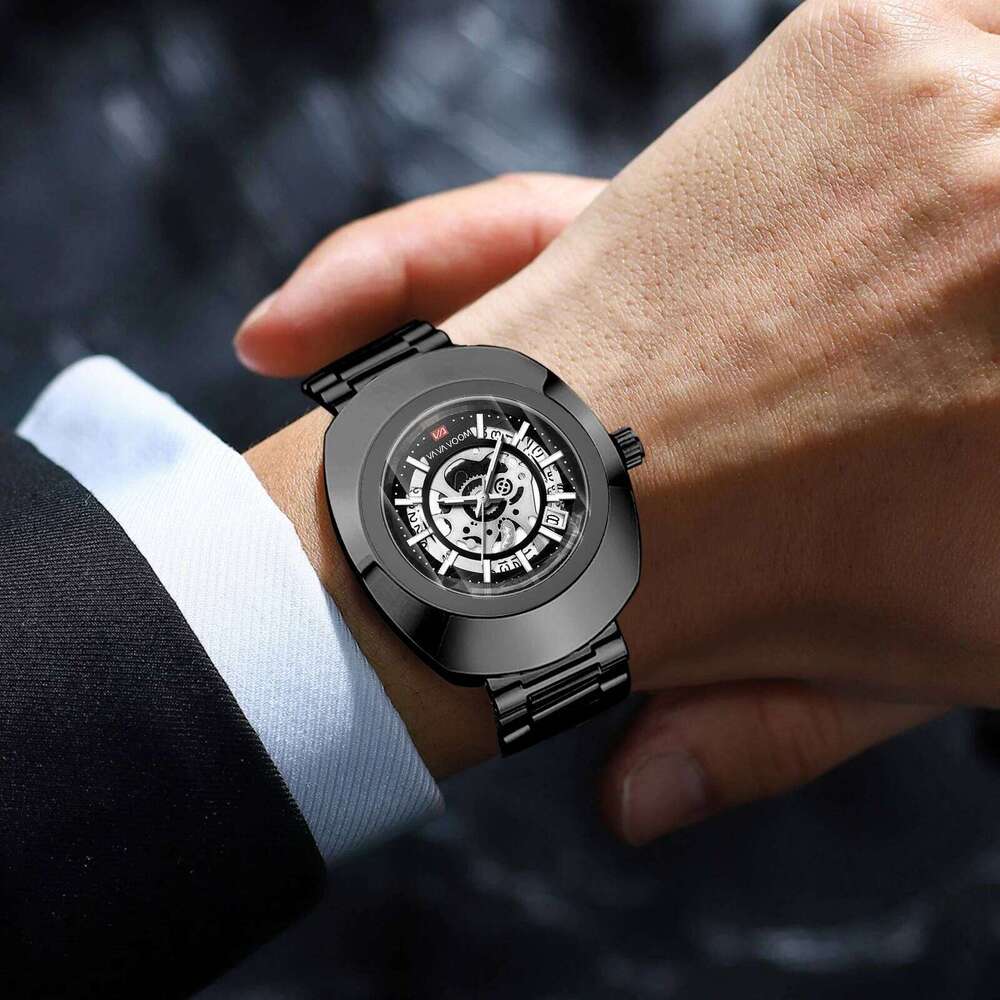 Quartz Fashion Oval Hollow Clock Original Top Business Style 3Bar Stainless Steel Strap Gold Luxury Gift Watch for Men
