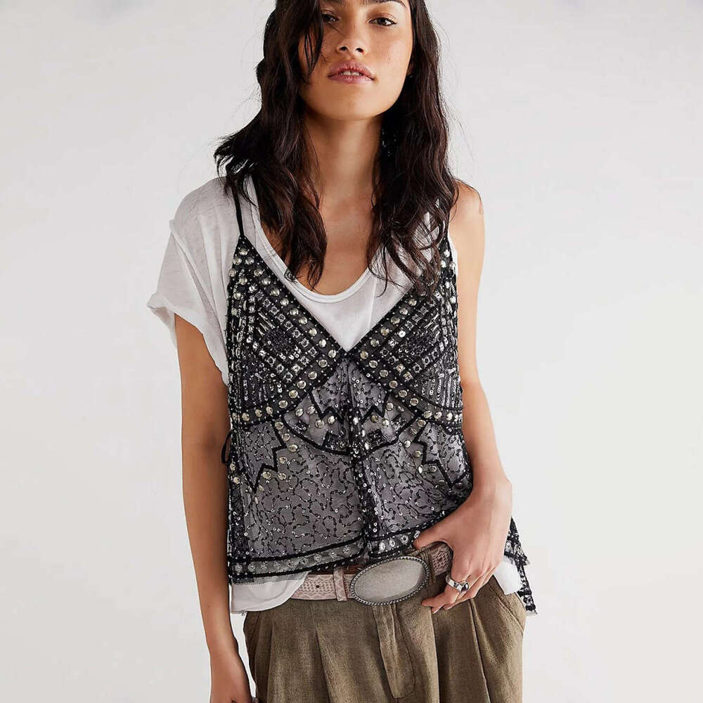 Free shipping designer's new sexy transparent backless seduction casual fashion shiny rhinestone strap beach sunscreen vest