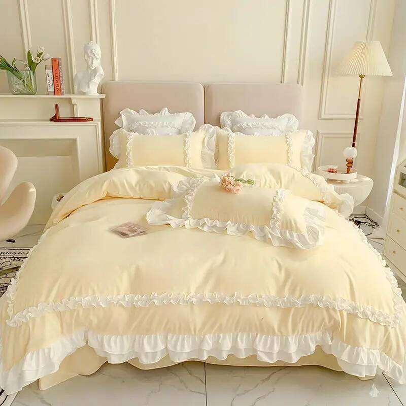 200X230Cm Korean Princess Lolita 4-Piece Solid Washed Cotton Breathable Bed Sheet Duvet Cover Bedding Set with Lace H260312