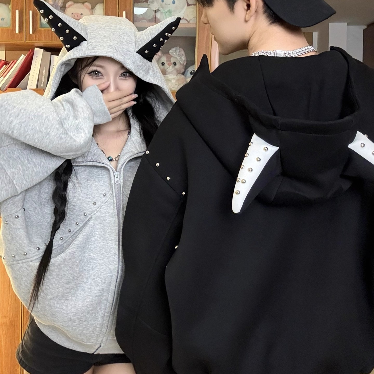 Designer Hoodie And Hip-hop Retro Oversized Hooded Sweatshirt Unisex Style Versatile And Cute With Cat Ears And Rivets Trendy Couple's Jacket