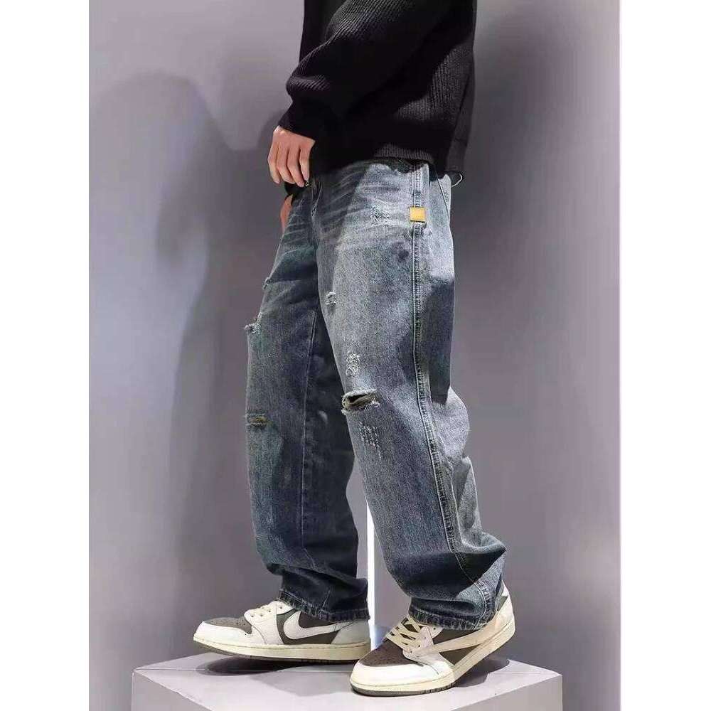 New Men's Ripped Jeans Baggy Straight Fashion Vintage Blue Denim Pants Personality Streetwear Hip Hop High Quality Male Trousers 26Y0312