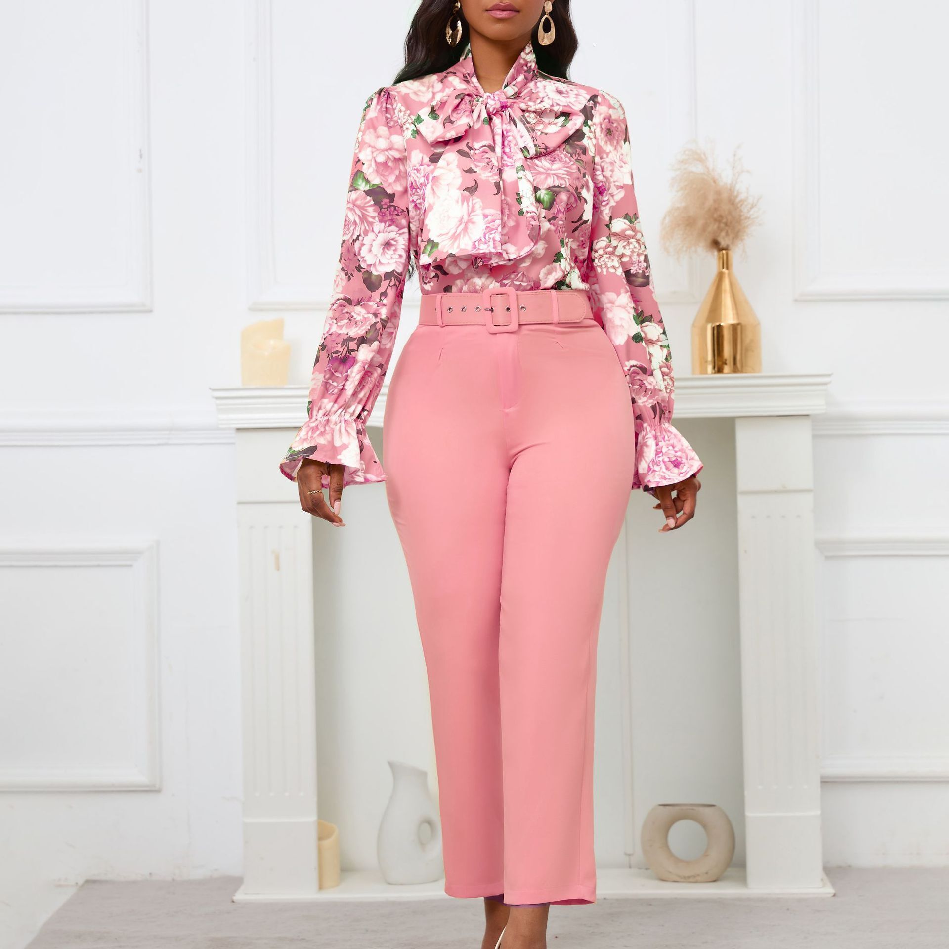 D457 New Fashion Printed Tie-Strap Long-Sleeve Top and High-Waisted Casual Pants Set