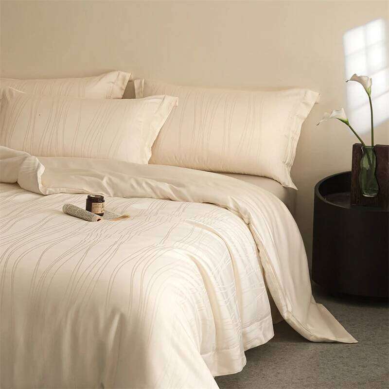 4Pcs Cream Off White Premium Jacquard Lyocell Bedding Set Soft Cooling Duvet Coves Bed Sheet Pillowcases Double Queen King Size H260312