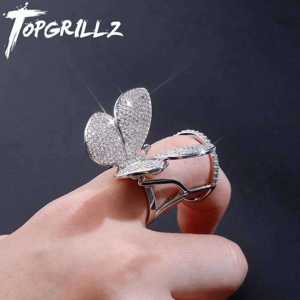 TOPGRILLZ Adjustable Butterfly Movable Wings Iced Out Cubic Zirconia Ring Fashion Charm Women Jewelry For Gift H260312