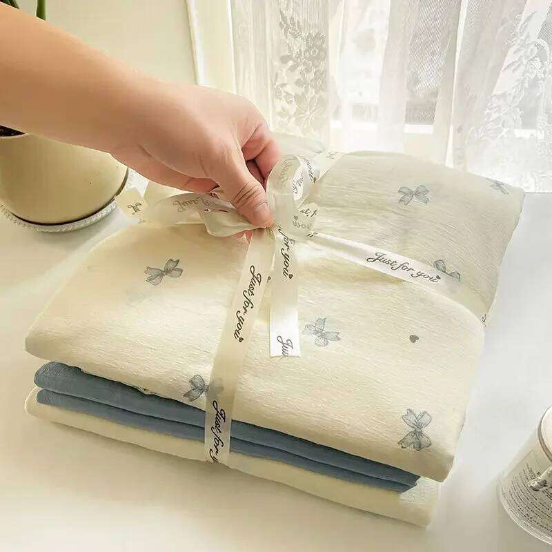 Ins Korean style bow knitted double-layer yarn soft four washed cotton Bedding set, dormitory bed single three piece H260312