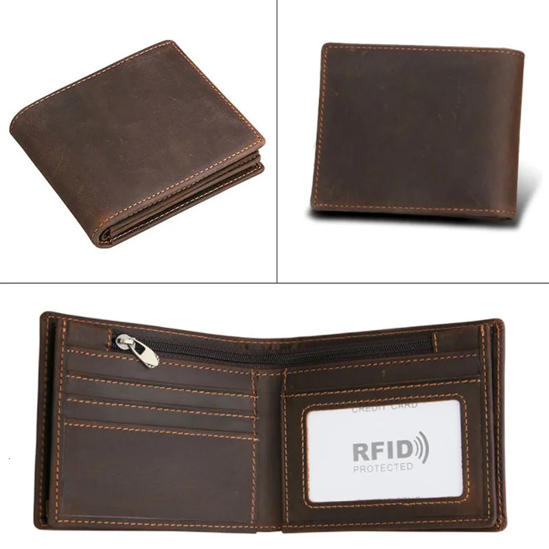 RFID Blocking Mens Oil Wax Skin Wallet Man Vintage Cow Genuine Leather Wallet Male Handmade Billfold Coin Purse Short Wallets 260304